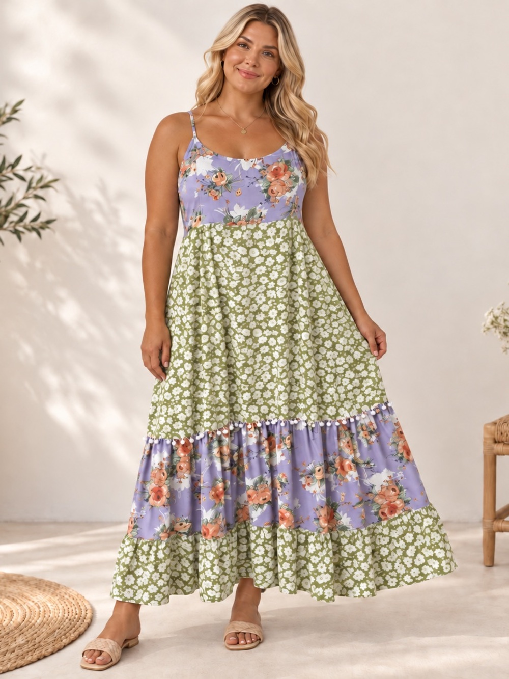 MELLODAY Lavender & Sage Floral Patchwork Maxi Dress
